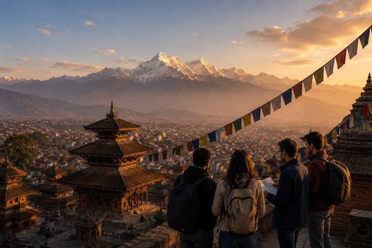 Buddhist stupa and monastery beneath the Himalayan peaks in Nepal
